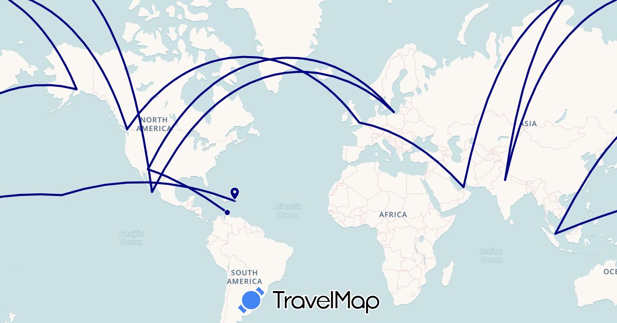 TravelMap itinerary: driving in United Arab Emirates, Aruba, Canada, United Kingdom, India, Mexico, Poland, Singapore, United States (Asia, Europe, North America)